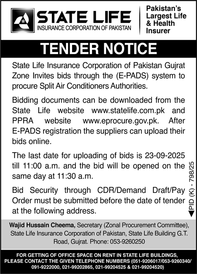 State Life Insurance Corporation of Pakistan Tender Notice